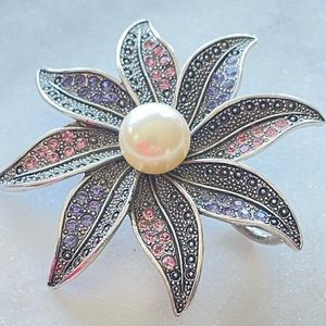 Premier Designs silver flower pin and pendant pink purple rhinestones and pearl